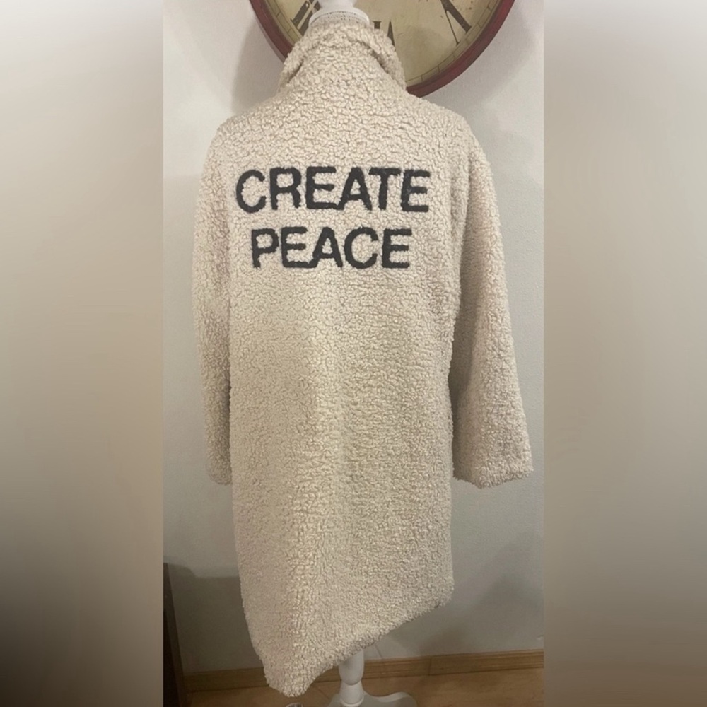 Spiritual Gangster Faux Sherling Sherpa Jacket Coat Create Peace - M/L - Stone - Picture 5 of 7